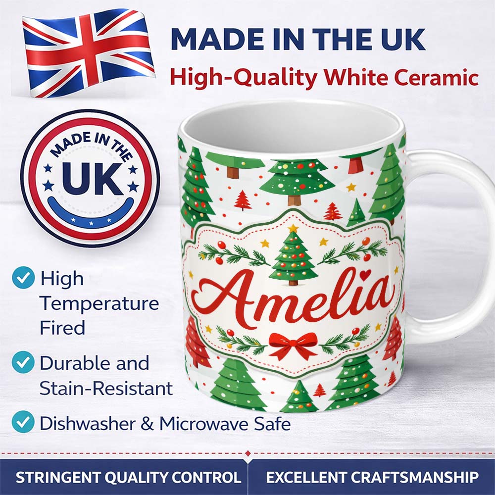 Personalized Custom Name Modern Christmas Trees in Red and Green Winter Scene Seamless Lovely 11oz Ceramic Coffee Tea Mug White Large Handle