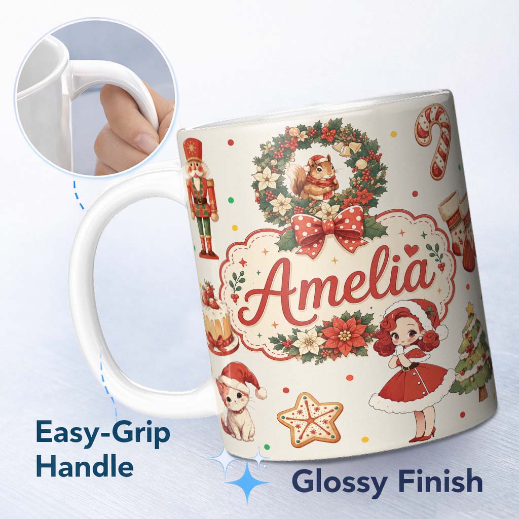 Personalized Custom Name Cute Christmas Nutcracker Wreath Cake Candy Cane Girl Tree Cream 11oz Ceramic Coffee Tea Mug White Large Handle