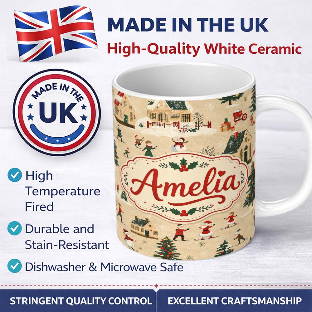 Personalized Custom Name Vintage Winter Village Ice Skating Christmas Scene Seamless Pattern 11oz Ceramic Coffee Tea Mug White Large Handle