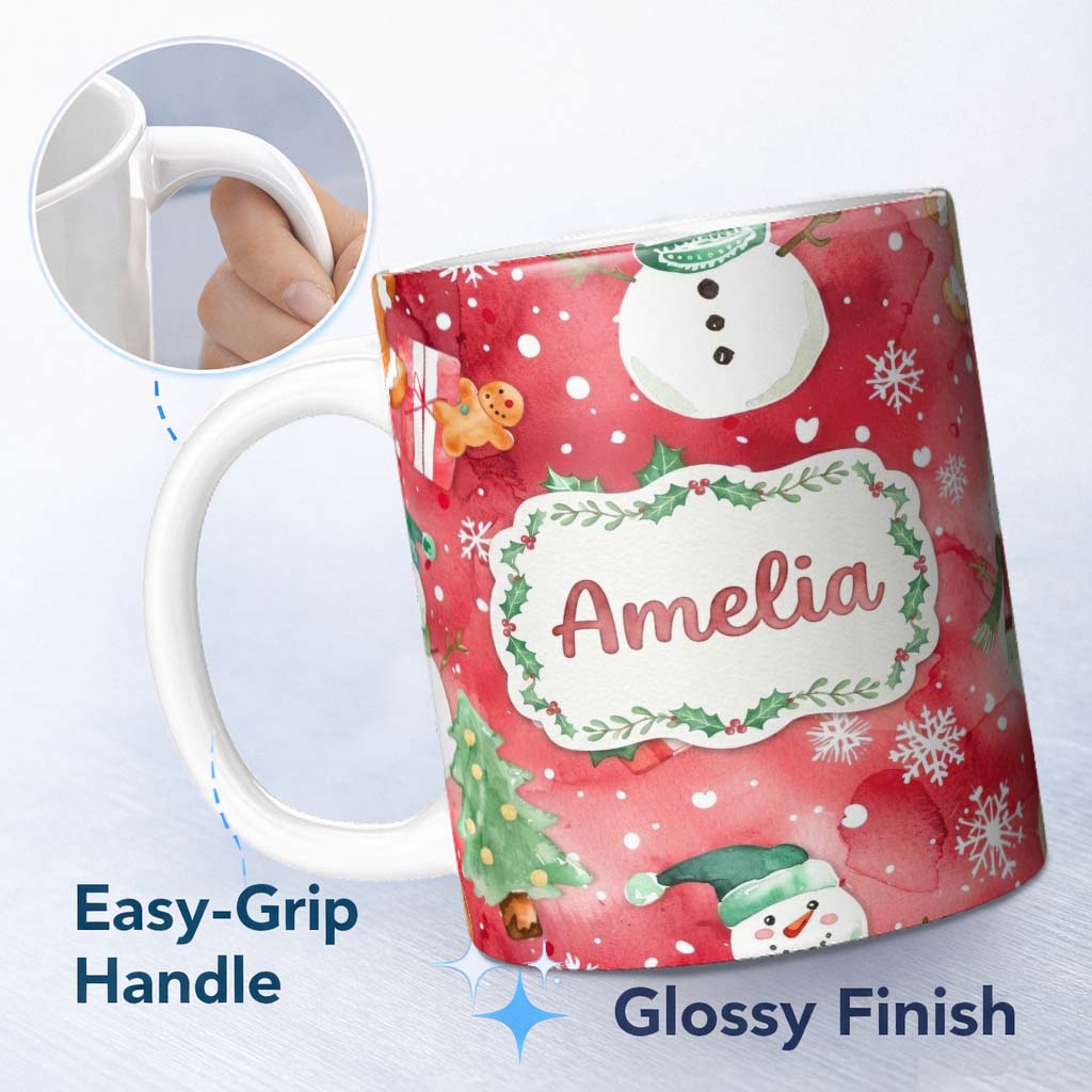 Personalized Custom Name Watercolor Gingerbread Cookie Gift Holly Snowflake Christmas Lovely 11oz Ceramic Coffee Tea Mug White Large Handle