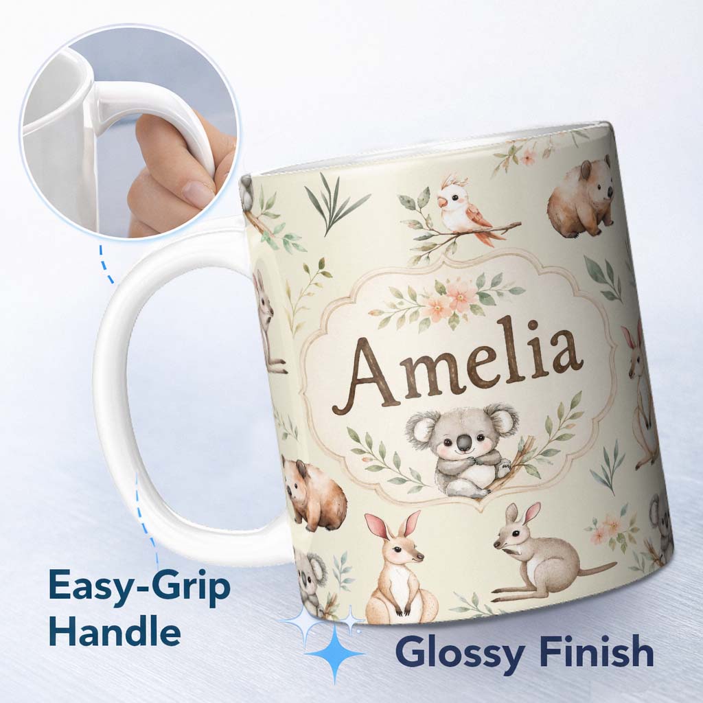 Personalized Custom Name Woodland Animals Koala Kangaroo Bear Floral Sage Green Seamless 11oz Ceramic Coffee Tea Mug White Large Handle