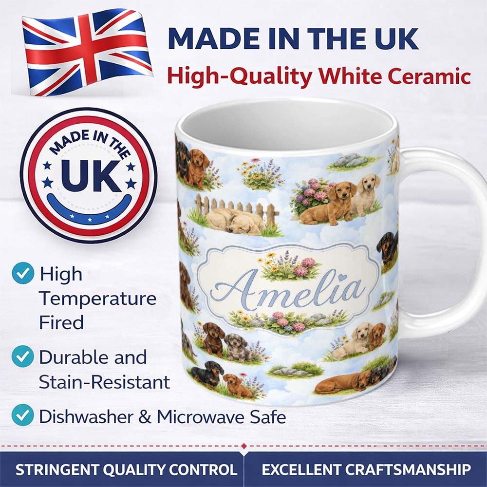 Personalized Custom Name Cute Dachshund Puppy Garden Floral Seamless Pattern Cute Unique Gift 11oz Ceramic Coffee Tea Mug White Large Handle