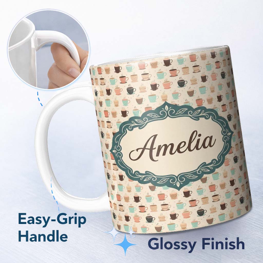 Personalized Custom Name Soft Pastel Coffee Cups Cute Repeating Seamless Pattern Lovely 11oz Ceramic Coffee Tea Mug White Large Handle