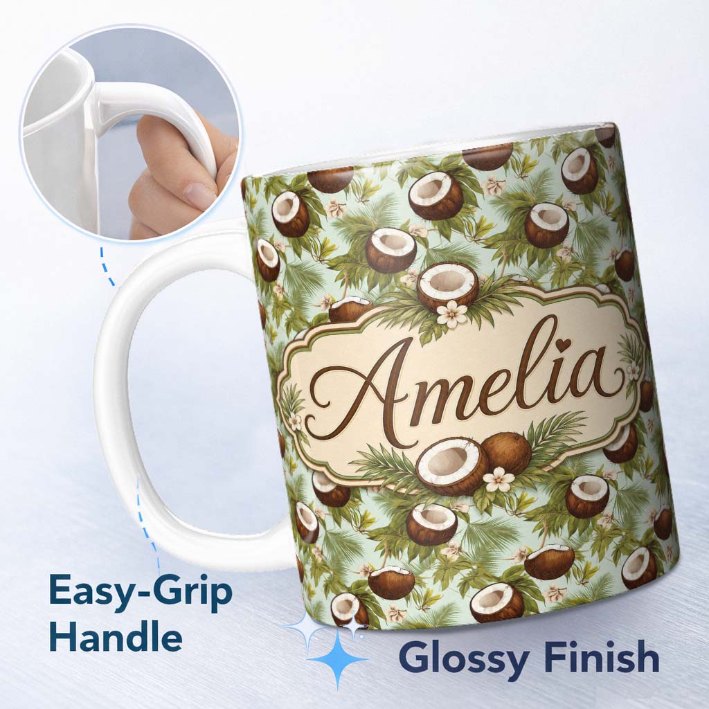 Personalized Custom Name Fresh Coconut and Tropical Leaves with Flowers on Light Green Lovely 11oz Ceramic Coffee Tea Mug White Large Handle