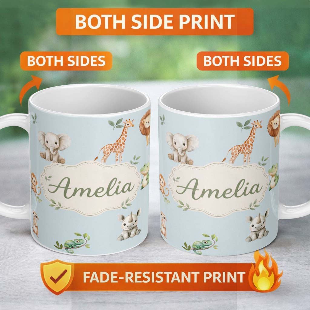 Personalized Custom Name Safari Animals with Elephant Lion and Crocodile on Soft Blue Lovely 11oz Ceramic Coffee Tea Mug White Large Handle