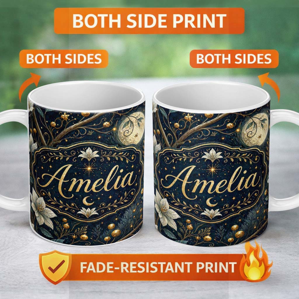 Personalized Custom Name Golden Celestial Floral Spiral Stars Night Seamless Pattern Lovely 11oz Ceramic Coffee Tea Mug White Large Handle