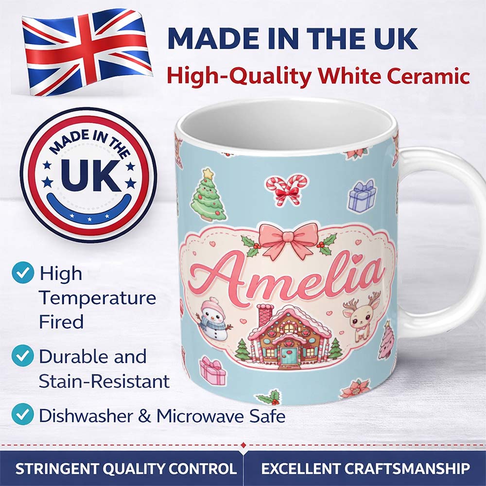 Personalized Custom Name Cute Christmas Festive Stickers Snowman Tree House Pattern Blue 11oz Ceramic Coffee Tea Mug White Large Handle