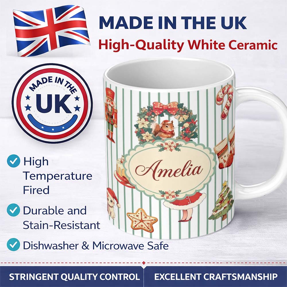 Personalized Custom Name Christmas Nutcracker Squirrel Cake Candy Cane Girl Tree Pink Stripe 11oz Ceramic Coffee Tea Mug White Large Handle