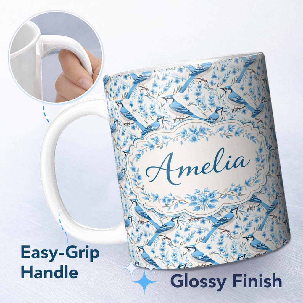 Personalized Custom Name Blue Jay Bird Delicate Floral Seamless Soft Blue Botanical Nature 11oz Ceramic Coffee Tea Mug White Large Handle