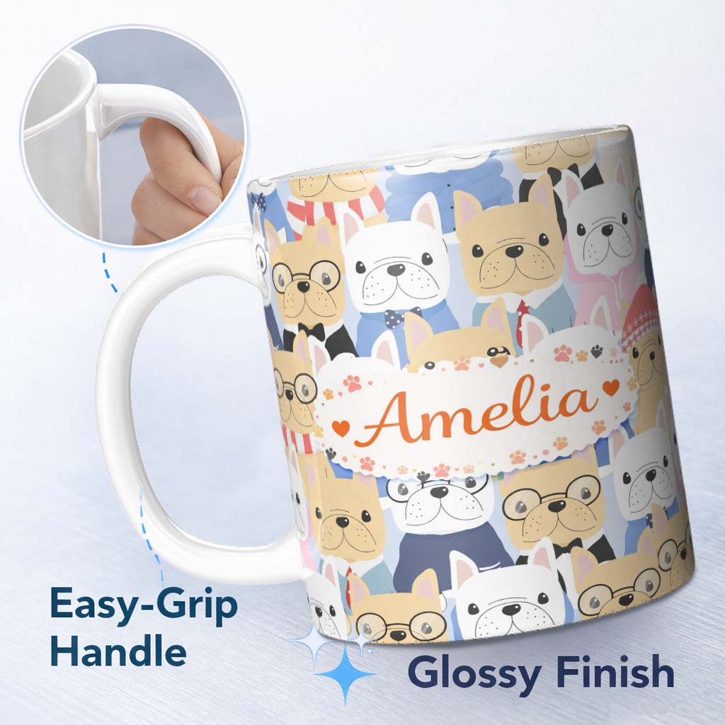 Personalized Custom Name Stylish French Bulldog Dogs Fashion Outfit Seamless Pattern Lovely 11oz Ceramic Coffee Tea Mug White Large Handle