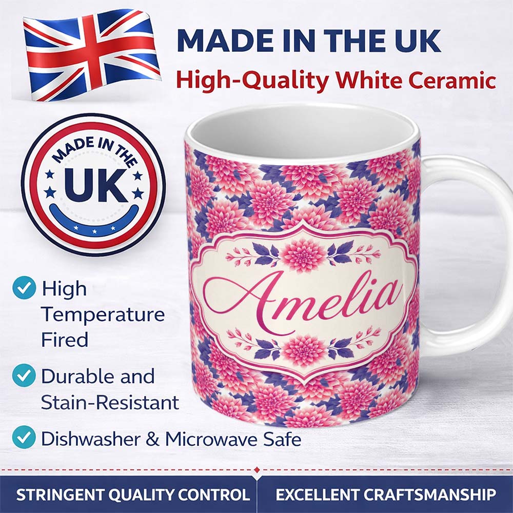 Personalized Custom Name Pink Dahlia Floral Bloom with Soft Purple Leaves Seamless Pattern 11oz Ceramic Coffee Tea Mug White Large Handle