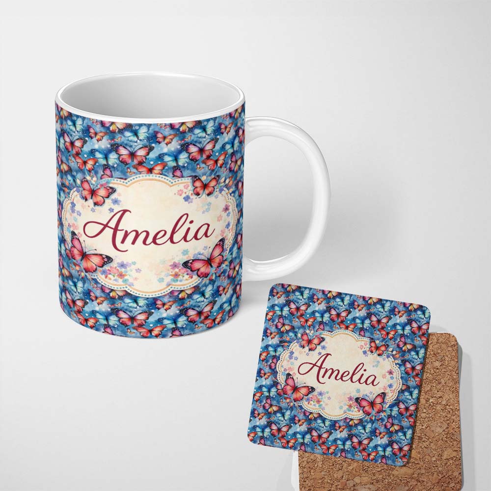 Personalized Custom Name Vibrant Butterflies on Deep Blue Watercolor Background Seamless 11oz Ceramic Coffee Tea Mug White Large Handle
