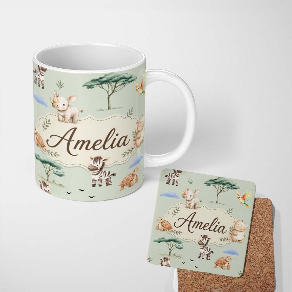Personalized Custom Name Cute Safari Animals Zebra Rhino Turtle Sage Green Seamless Pattern 11oz Ceramic Coffee Tea Mug White Large Handle