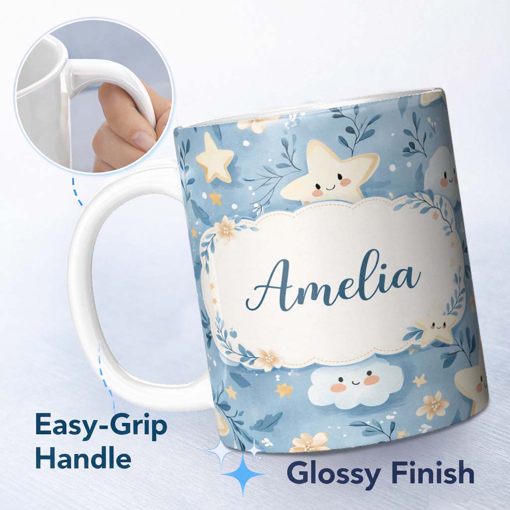 Personalized Custom Name Cute Star and Cloud Blue Sky Pattern Nursery Design Cute Unique Gift 11oz Ceramic Coffee Tea Mug White Large Handle