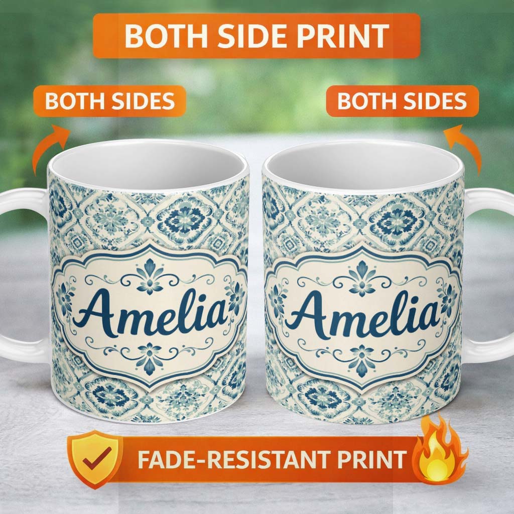 Personalized Custom Name Classic Floral Tile Pattern Blue Cream Traditional Seamless Pattern 11oz Ceramic Coffee Tea Mug White Large Handle