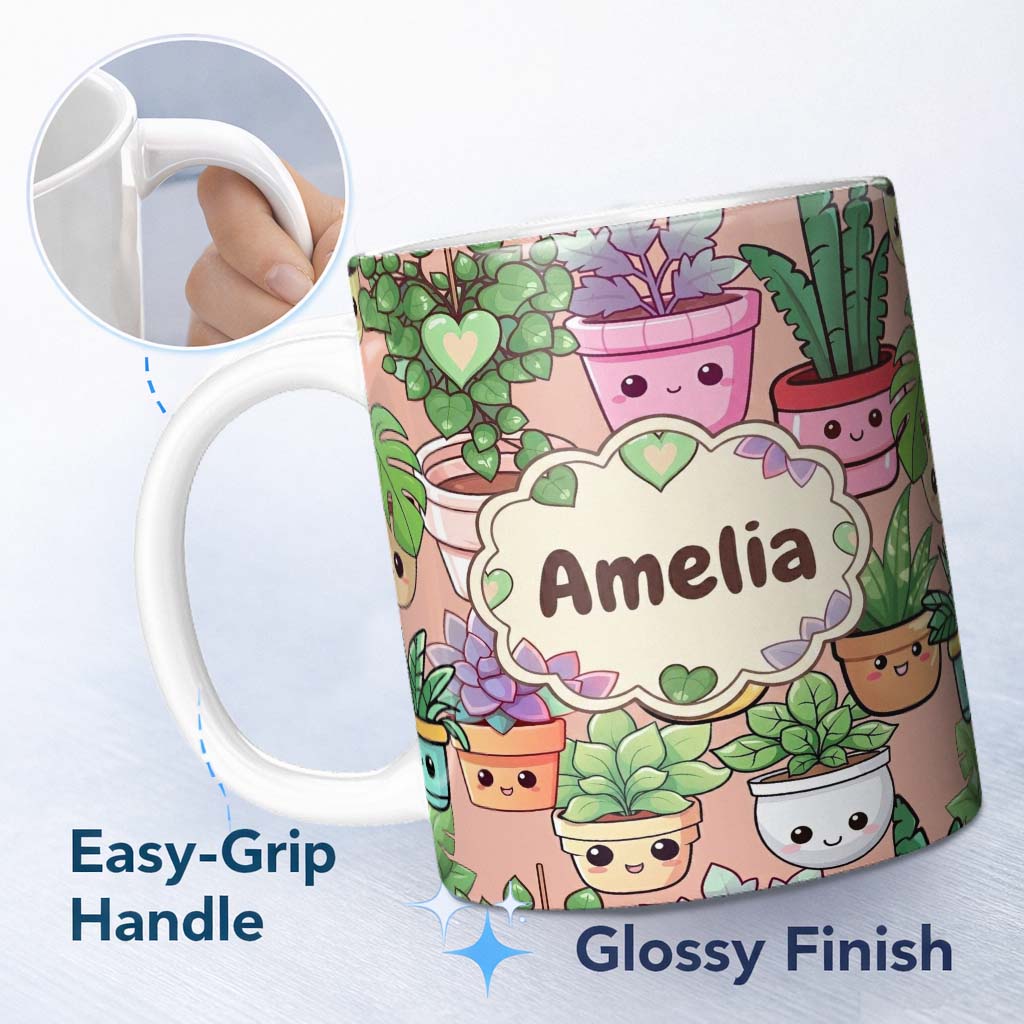 Personalized Custom Name Cute Kawaii Smiling Plant Pots Succulents Leaves Pattern Peach 11oz Ceramic Coffee Tea Mug White Large Handle