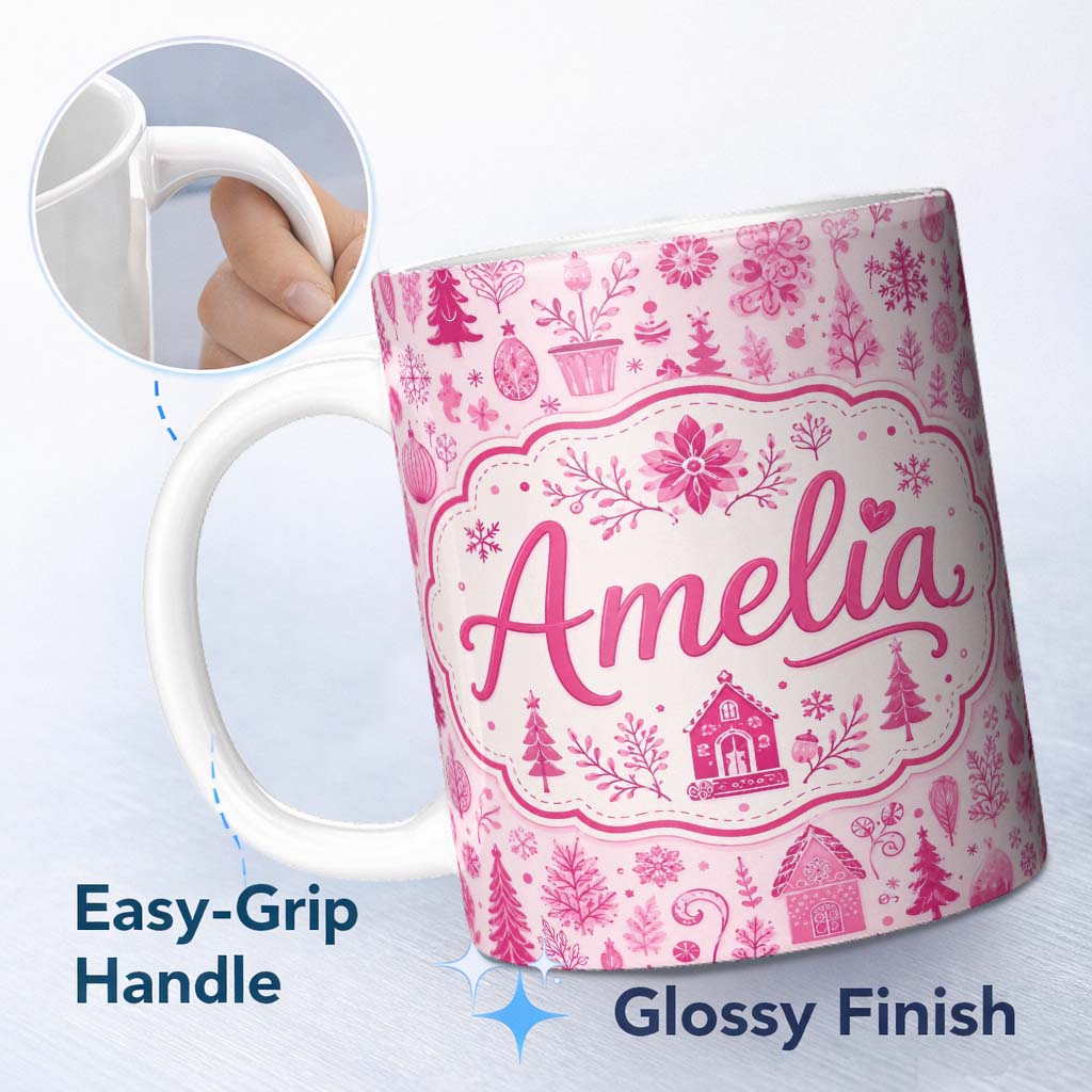 Personalized Custom Name Cute Pink Christmas Folk Art Seamless Pattern Thoughtful Gift Idea 11oz Ceramic Coffee Tea Mug White Large Handle