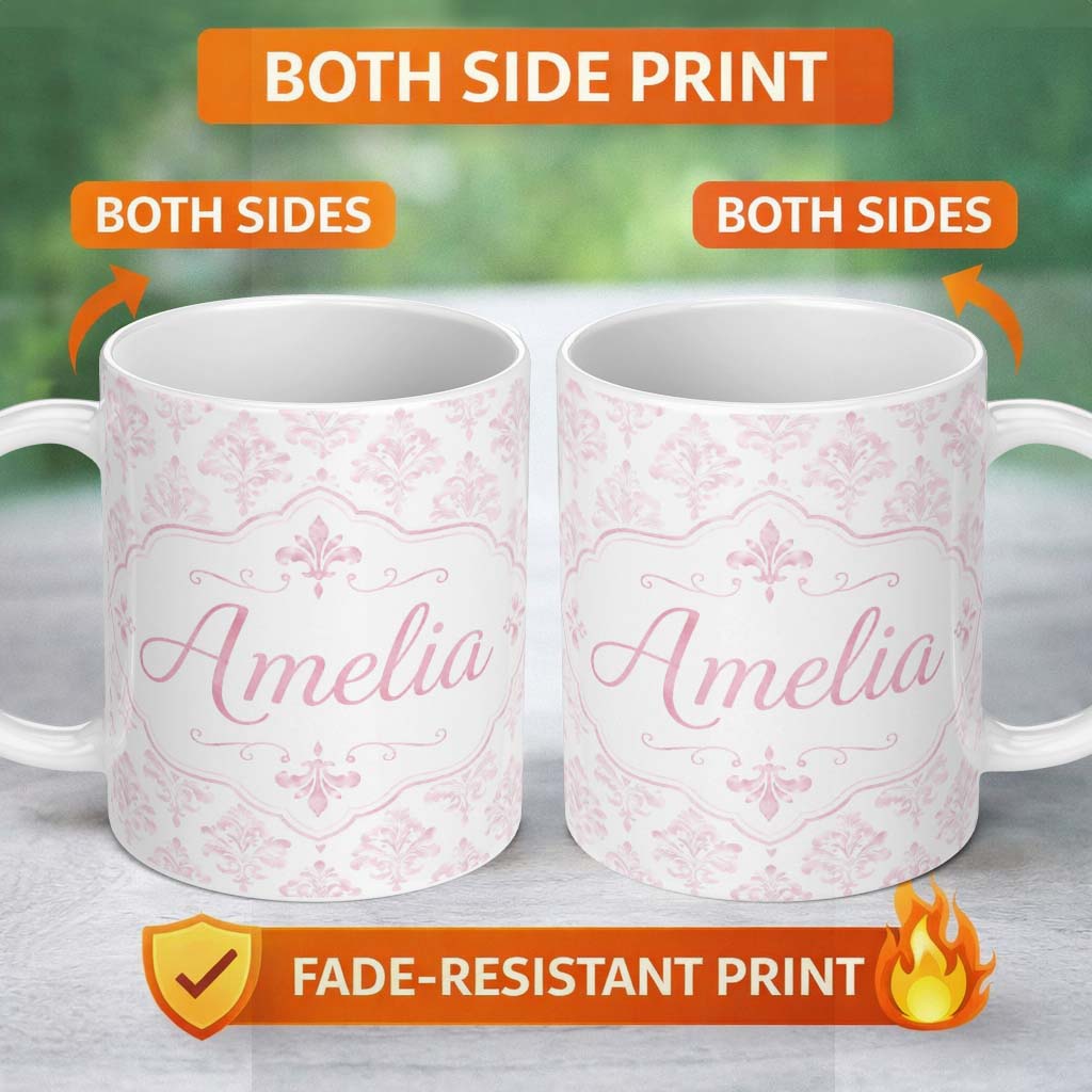 Personalized Custom Name Soft Pink Large Damask Classic Elegant Vintage Seamless Pattern 11oz Ceramic Coffee Tea Mug White Large Handle