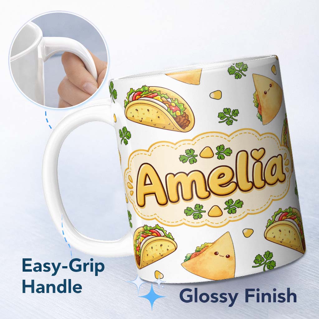 Personalized Custom Name Cute Kawaii Tacos and Wraps Seamless Pattern Light Grey Background 11oz Ceramic Coffee Tea Mug White Large Handle