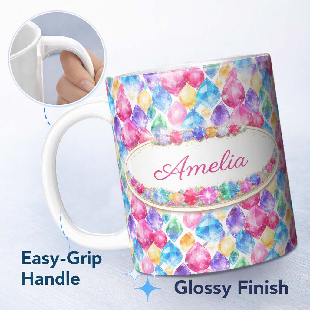 Personalized Custom Name Colorful Watercolor Crystal Gemstone Seamless Pattern Lovely 11oz Ceramic Coffee Tea Mug White Large Handle