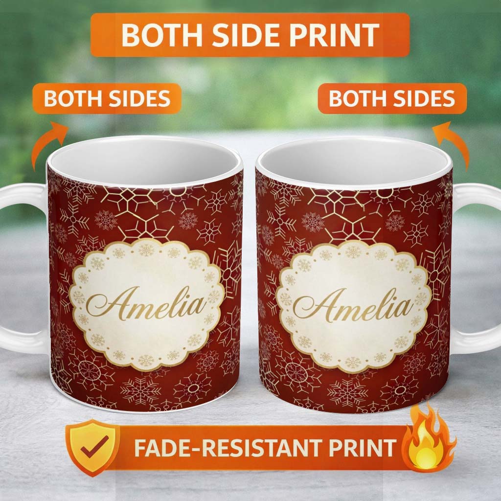 Personalized Custom Name Elegant Gold Snowflake Red Background Christmas Seamless Pattern 11oz Ceramic Coffee Tea Mug White Large Handle