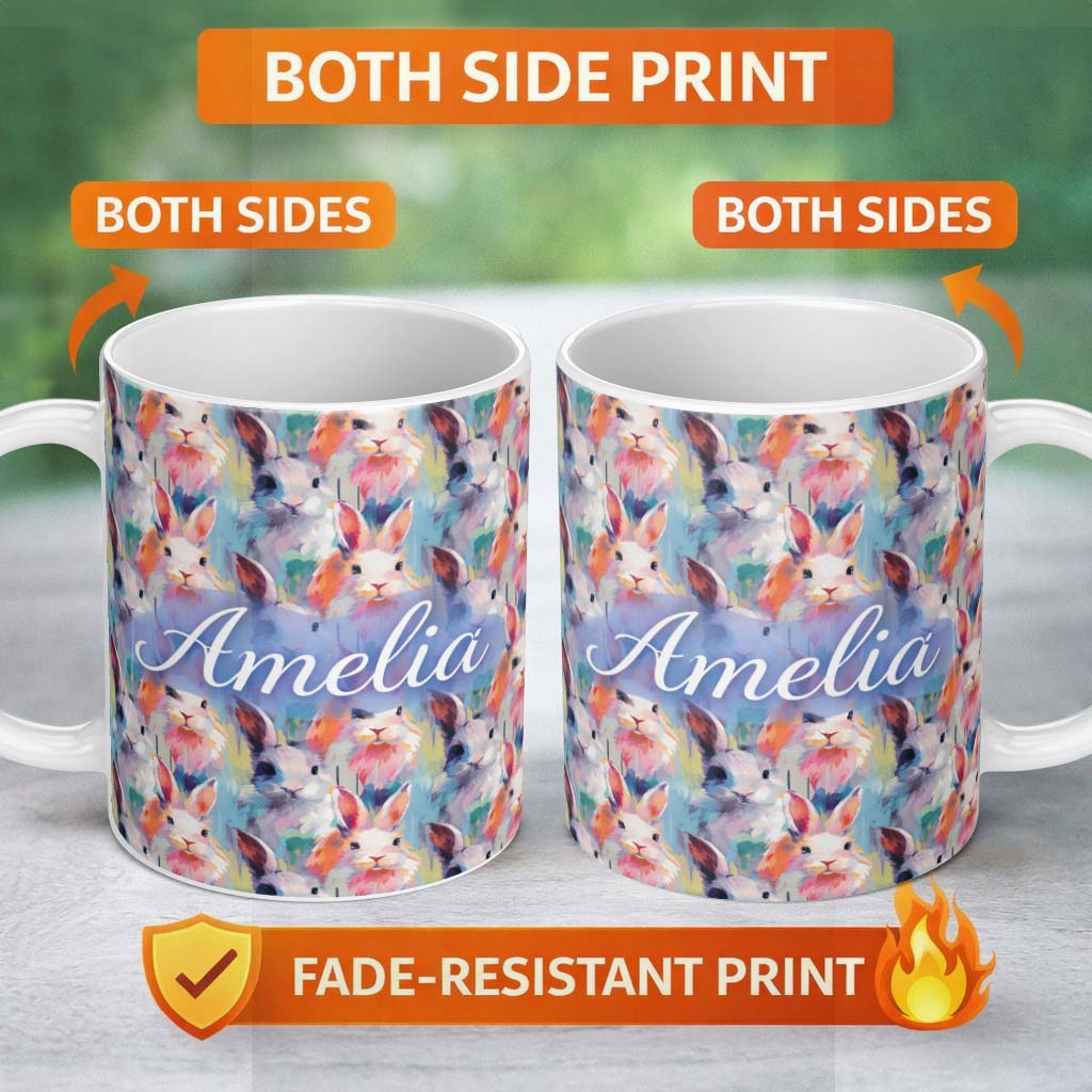 Personalized Custom Name Watercolor Easter Bunny Botanical Seamless Pattern Cute Unique Gift 11oz Ceramic Coffee Tea Mug White Large Handle