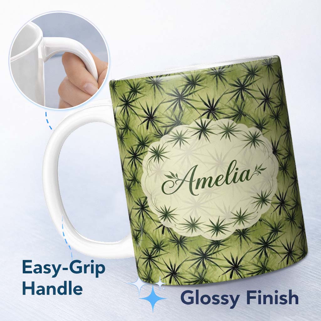 Personalized Custom Name Dark Green Spiky Leaf Botanical Seamless Pattern Design Lovely 11oz Ceramic Coffee Tea Mug White Large Handle
