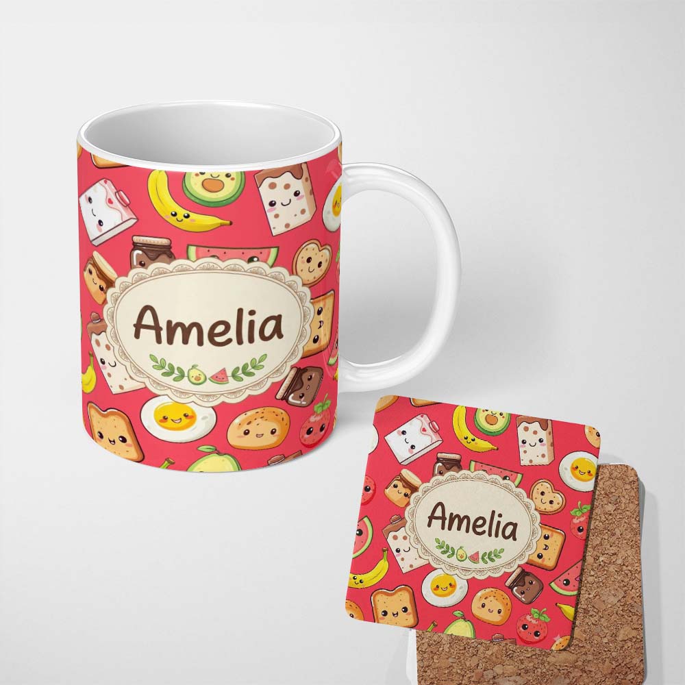 Personalized Custom Name Cute Kawaii Breakfast Food Seamless Pattern Red Background Fun 11oz Ceramic Coffee Tea Mug White Large Handle