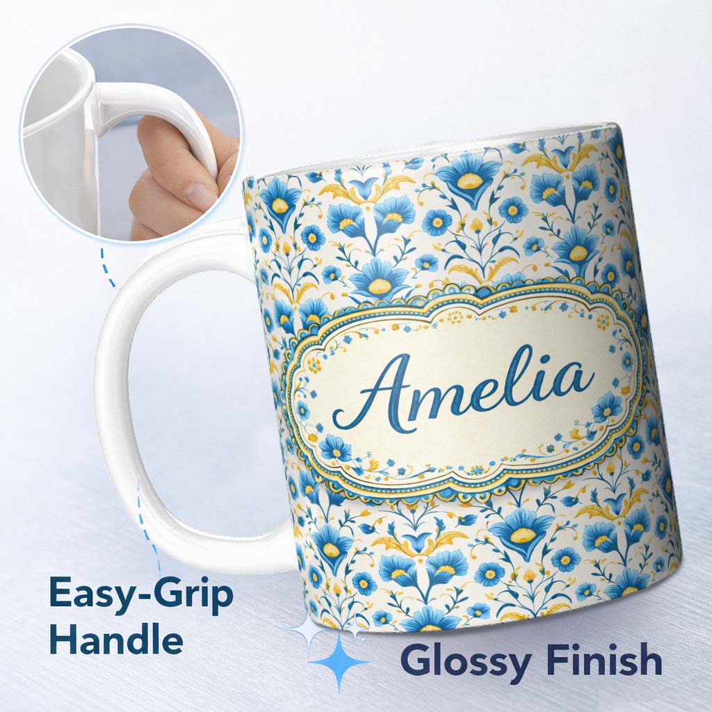 Personalized Custom Name Blue Floral Ornamental Seamless Pattern Classic Botanical Design 11oz Ceramic Coffee Tea Mug White Large Handle