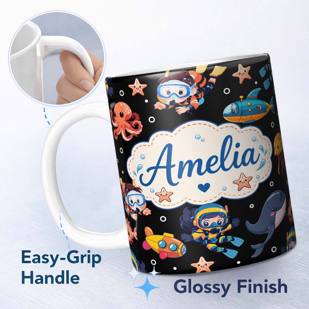 Personalized Custom Name Underwater with Scuba Divers Starfish and Whale on Deep Black Lovely 11oz Ceramic Coffee Tea Mug White Large Handle