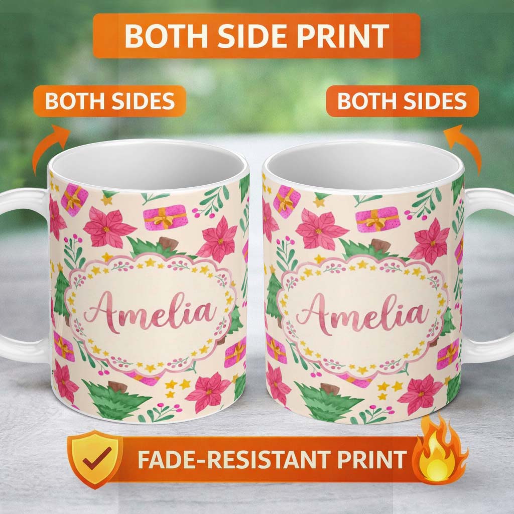 Personalized Custom Name Watercolor Christmas Poinsettia Gift Tree Festive Seamless Pattern 11oz Ceramic Coffee Tea Mug White Large Handle