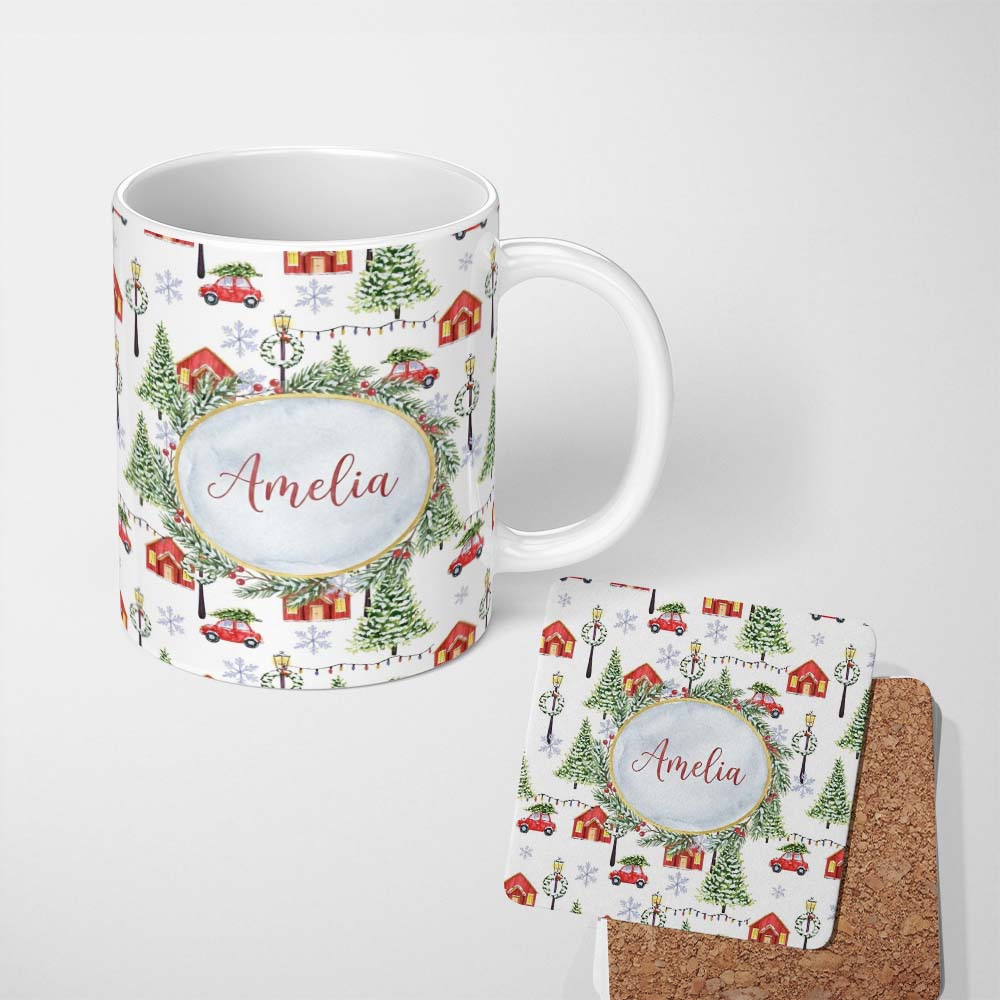 Personalized Custom Name Winter Village with Red Houses Cars and Snowy Trees Seamless Pattern 11oz Ceramic Coffee Tea Mug White Large Handle