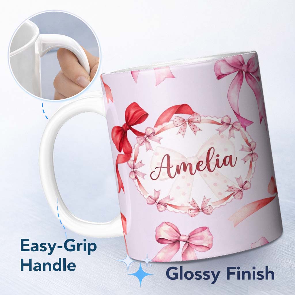 Personalized Custom Name Watercolor Red Pink Ribbon Bows Soft Lilac Background Cute Girly 11oz Ceramic Coffee Tea Mug White Large Handle