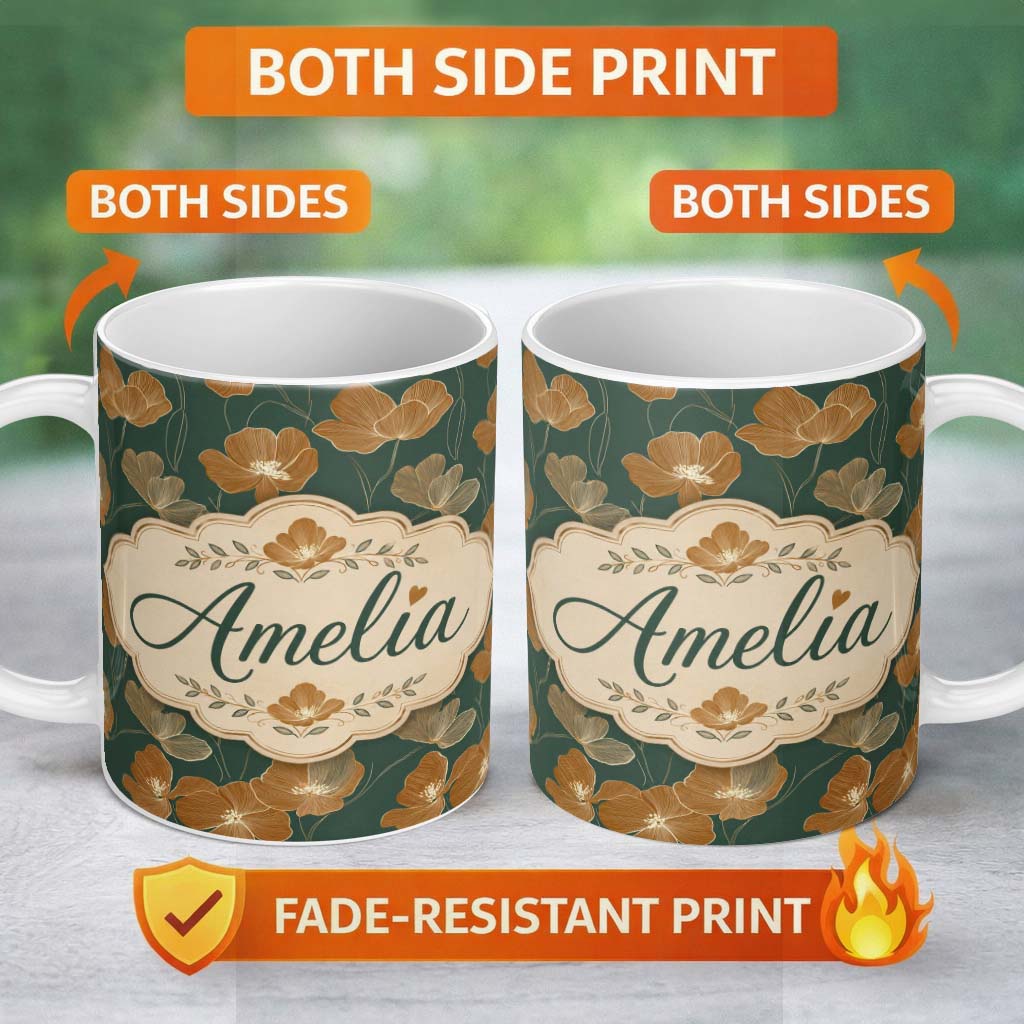 Personalized Custom Name Rustic Autumn Floral Pattern with Warm and Deep Green Seamless 11oz Ceramic Coffee Tea Mug White Large Handle