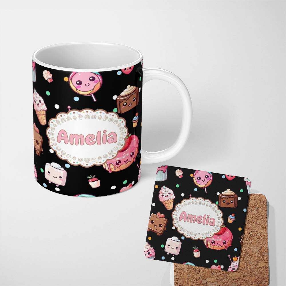 Personalized Custom Name Cute Kawaii Desserts Candy Cakes and Sweet Treat Characters Seamless 11oz Ceramic Coffee Tea Mug White Large Handle