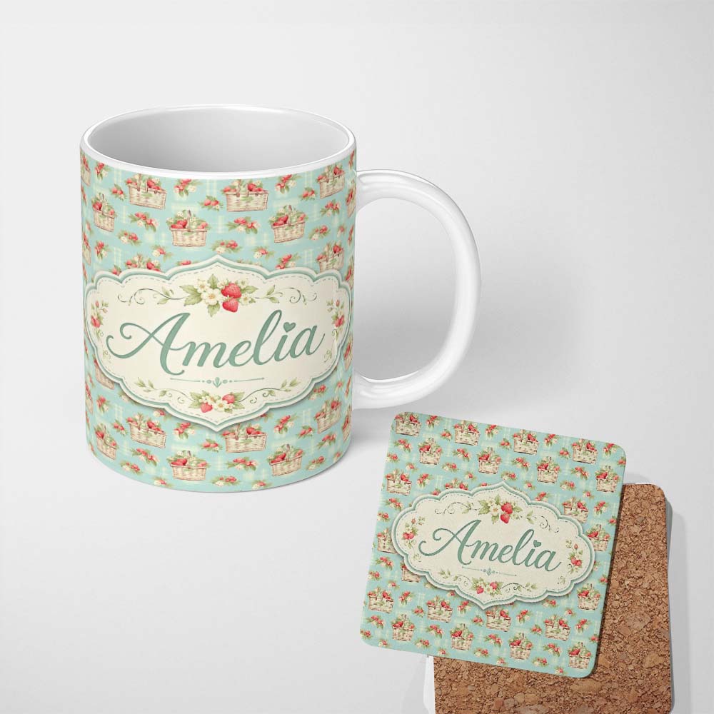 Personalized Custom Name Vintage Strawberry Basket Floral Soft Blue Background Seamless 11oz Ceramic Coffee Tea Mug White Large Handle