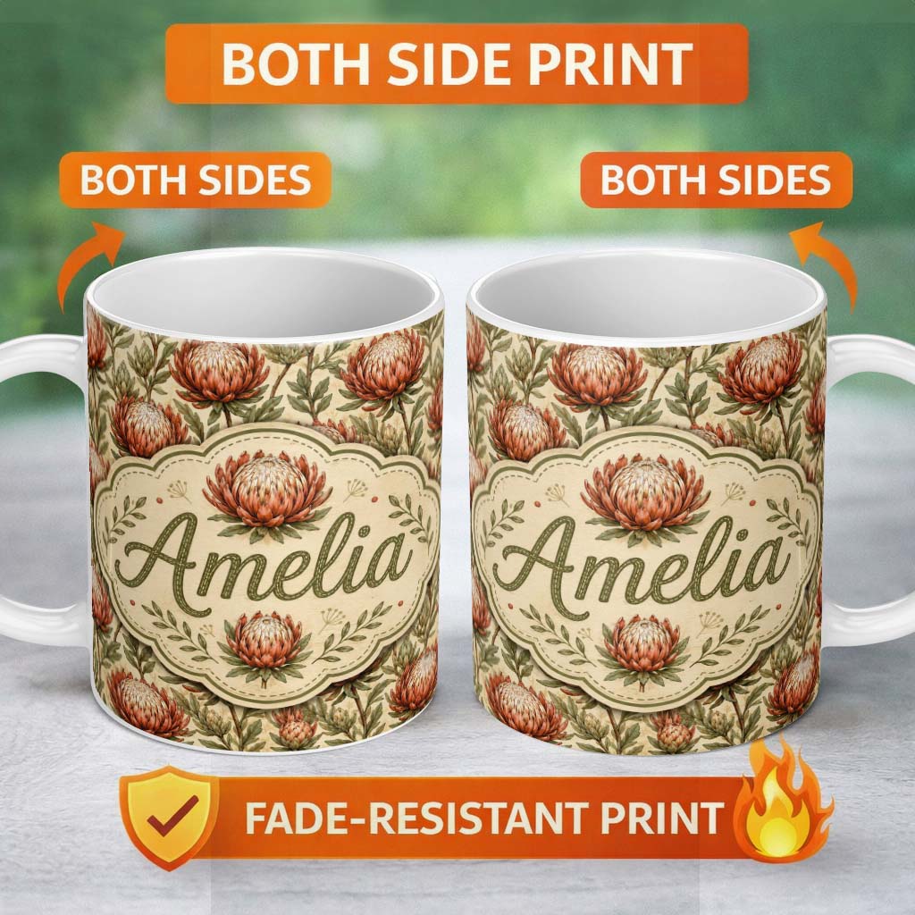 Personalized Custom Name Vintage Style Red Protea Floral Seamless Pattern Cute Unique Gift 11oz Ceramic Coffee Tea Mug White Large Handle