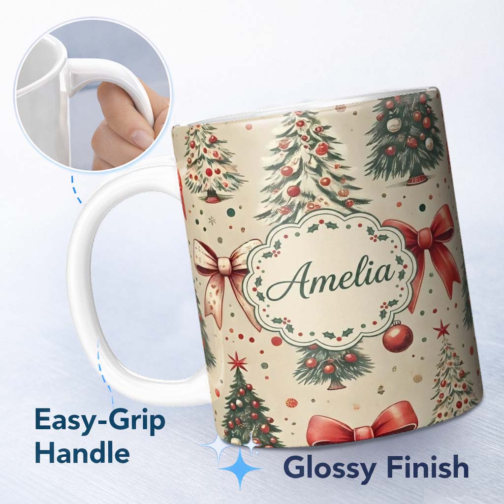 Personalized Custom Name Vintage Christmas Tree with Red Bows Ornaments and Snowflakes 11oz Ceramic Coffee Tea Mug White Large Handle