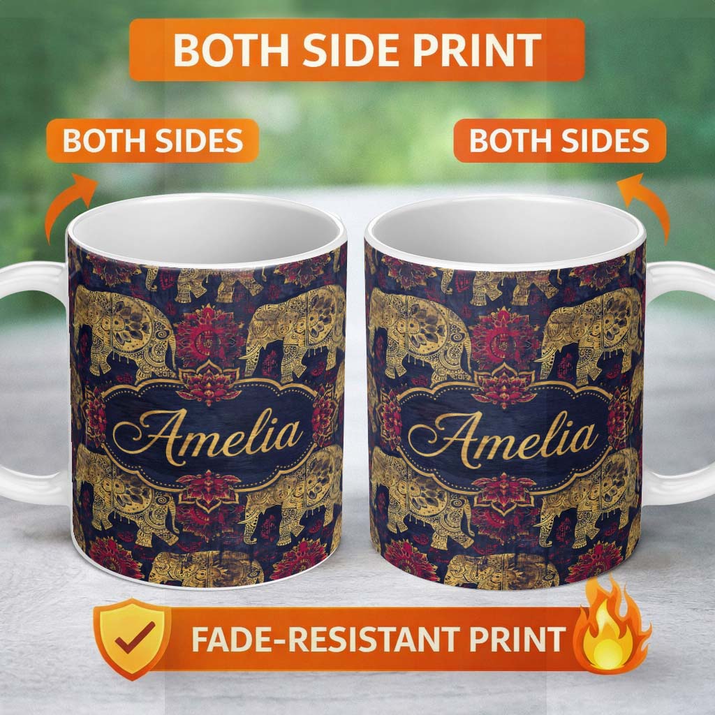 Personalized Custom Name Vintage Elephant and Floral Ethnic Seamless Pattern Cute Unique Gift 11oz Ceramic Coffee Tea Mug White Large Handle