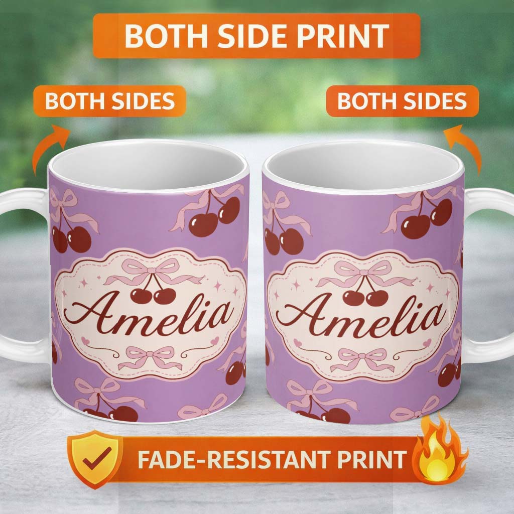 Personalized Custom Name Cherry Bow Ribbon Cute Lavender Pastel Background Seamless Pattern 11oz Ceramic Coffee Tea Mug White Large Handle