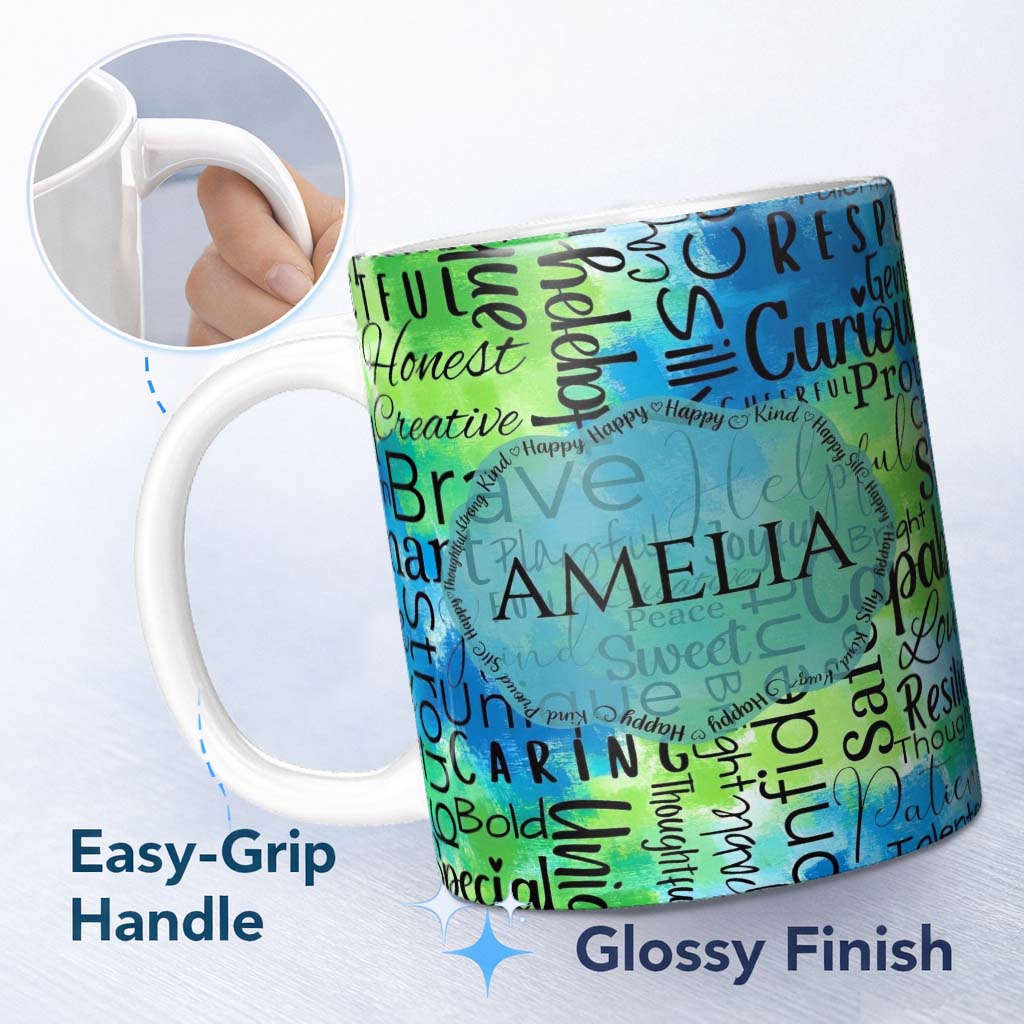 Personalized Custom Name Galaxy Marble Typography Blue Black Motivational Word Pattern Lovely 11oz Ceramic Coffee Tea Mug White Large Handle