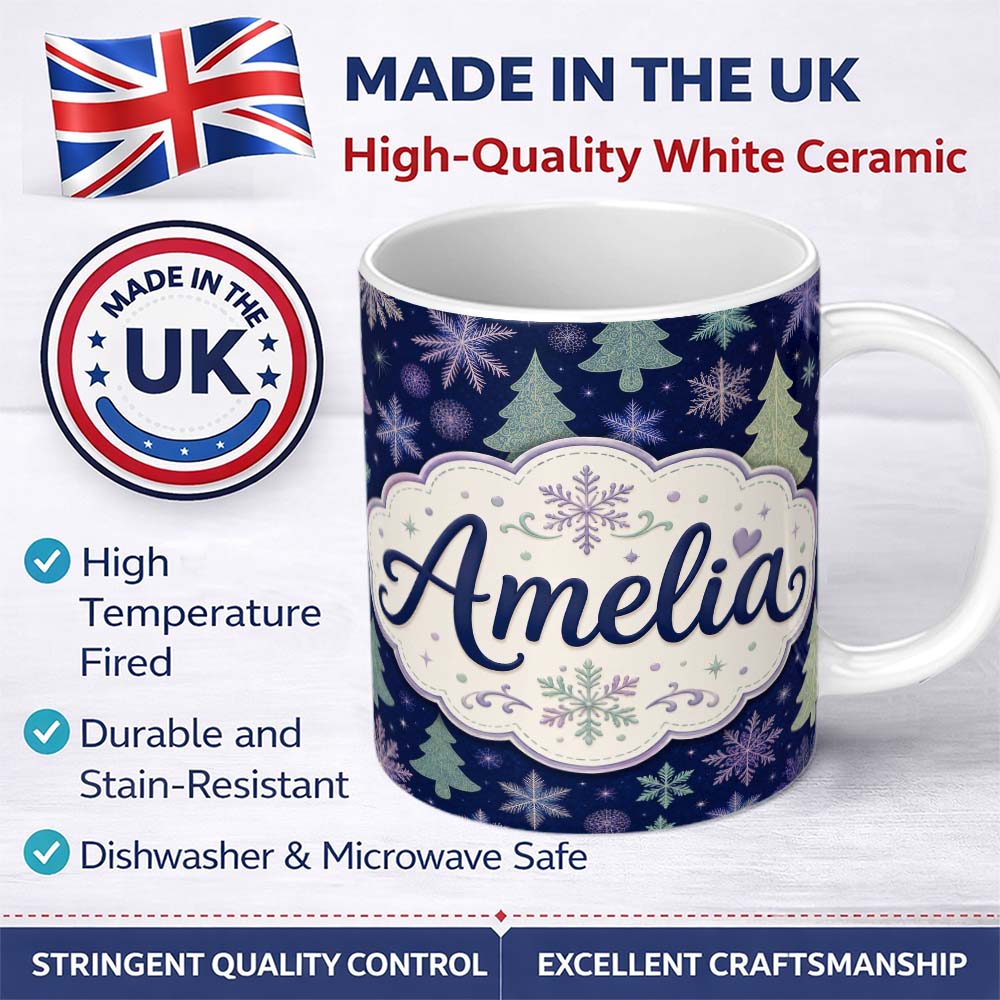 Personalized Custom Name Elegant Winter Snowflakes and Christmas Trees Dark Blue Seamless 11oz Ceramic Coffee Tea Mug White Large Handle