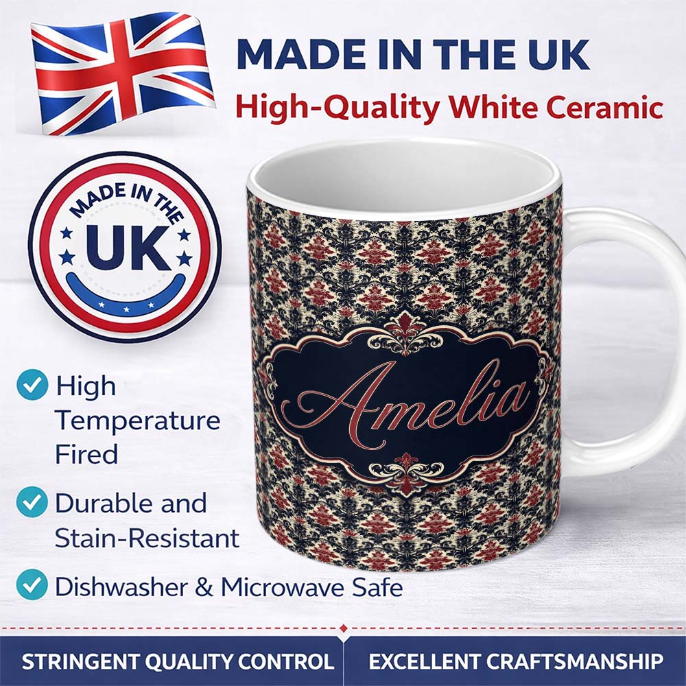 Personalized Custom Name Classic Vintage Red and Navy Damask Ornamental Seamless Pattern 11oz Ceramic Coffee Tea Mug White Large Handle