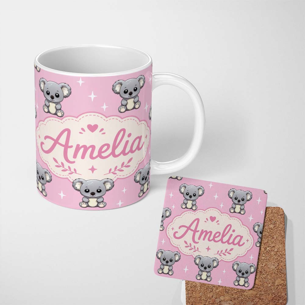 Personalized Custom Name Cute Koala Bears with Stars Rose Pink Background Seamless Pattern 11oz Ceramic Coffee Tea Mug White Large Handle