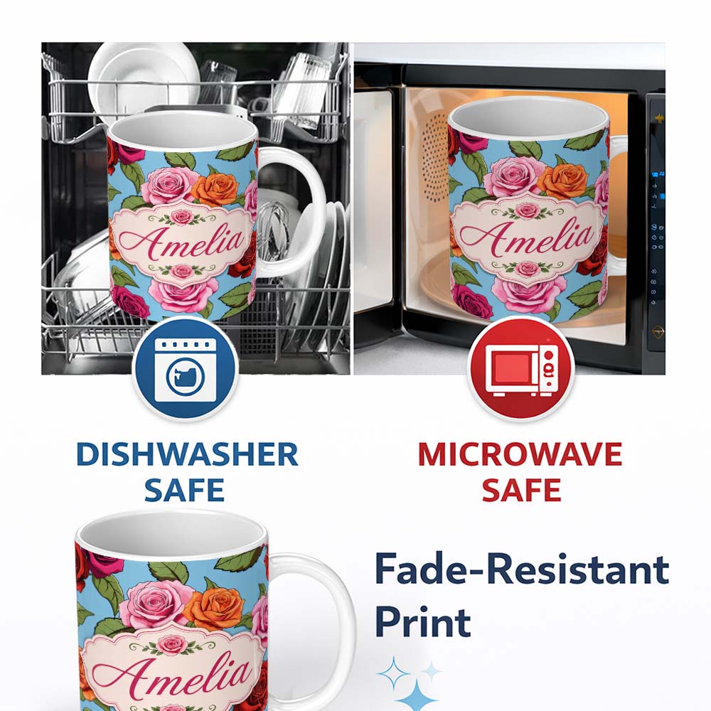 Personalized Custom Name Colorful Roses on Sky Blue Background Seamless Floral Pattern Lovely 11oz Ceramic Coffee Tea Mug White Large Handle
