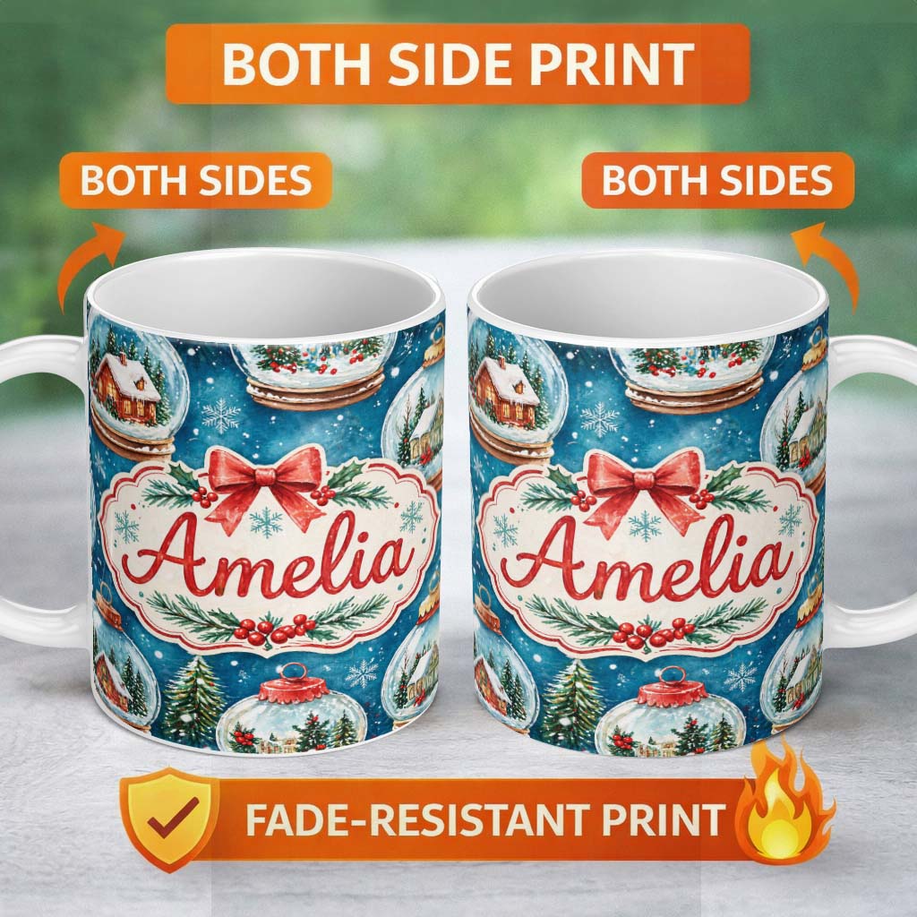 Personalized Custom Name Watercolor Christmas Snow Globe Winter Seamless Pattern Lovely 11oz Ceramic Coffee Tea Mug White Large Handle