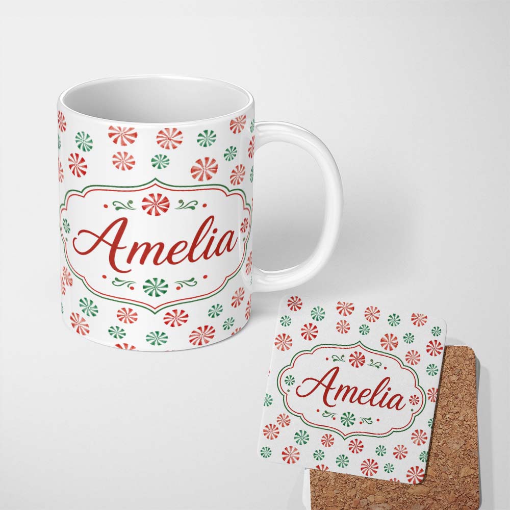 Personalized Custom Name Watercolor Peppermint Candy Red Green Holiday Seamless Pattern 11oz Ceramic Coffee Tea Mug White Large Handle