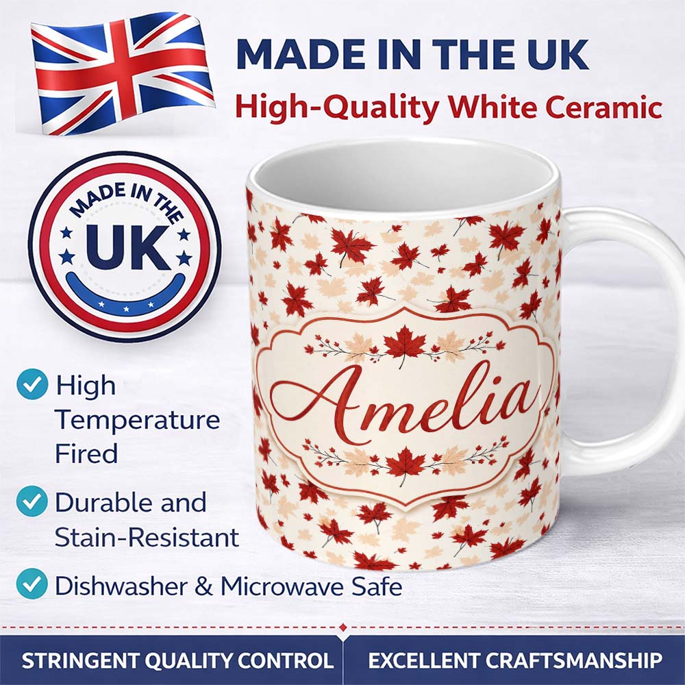 Personalized Custom Name Bold Red Maple Leaves with Subtle Beige Leaf Shadows on Light Lovely 11oz Ceramic Coffee Tea Mug White Large Handle