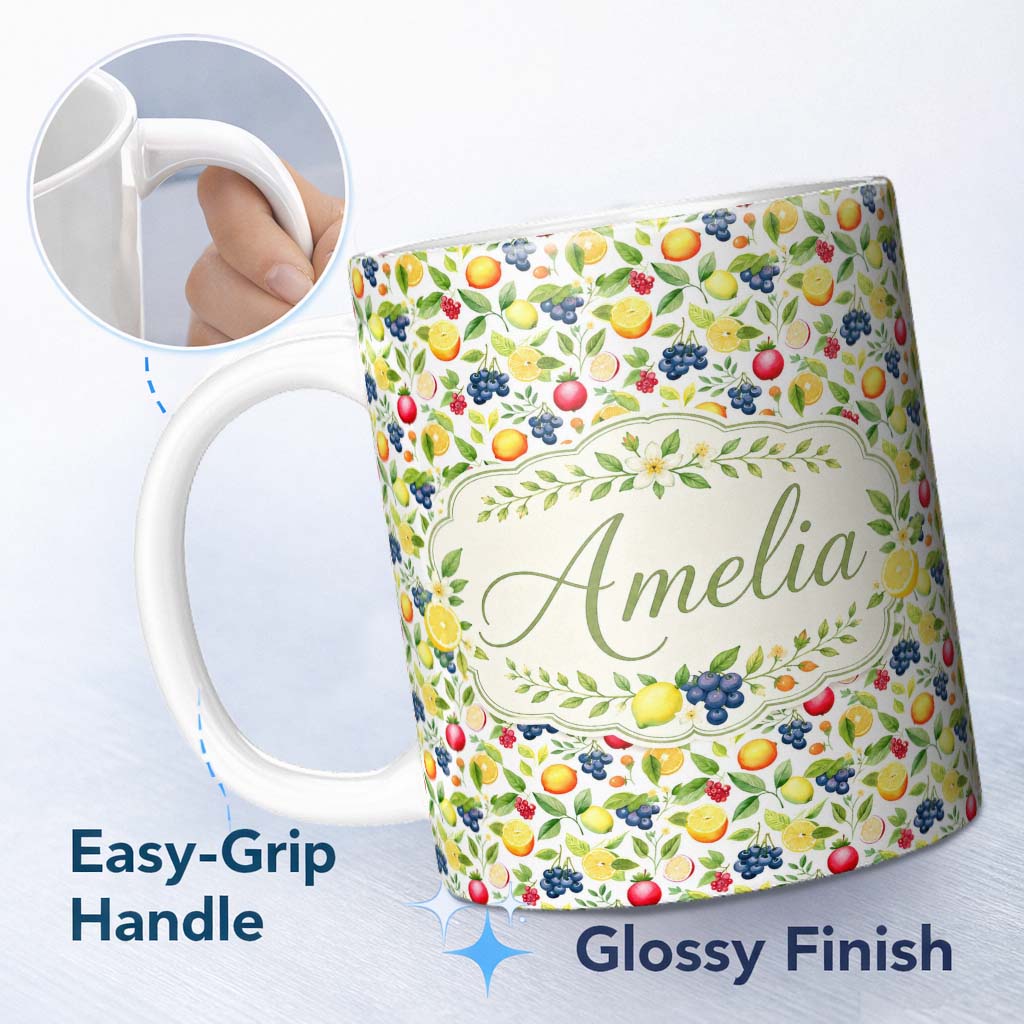 Personalized Custom Name Watercolor Citrus and Berry Botanical Seamless Pattern Lovely 11oz Ceramic Coffee Tea Mug White Large Handle