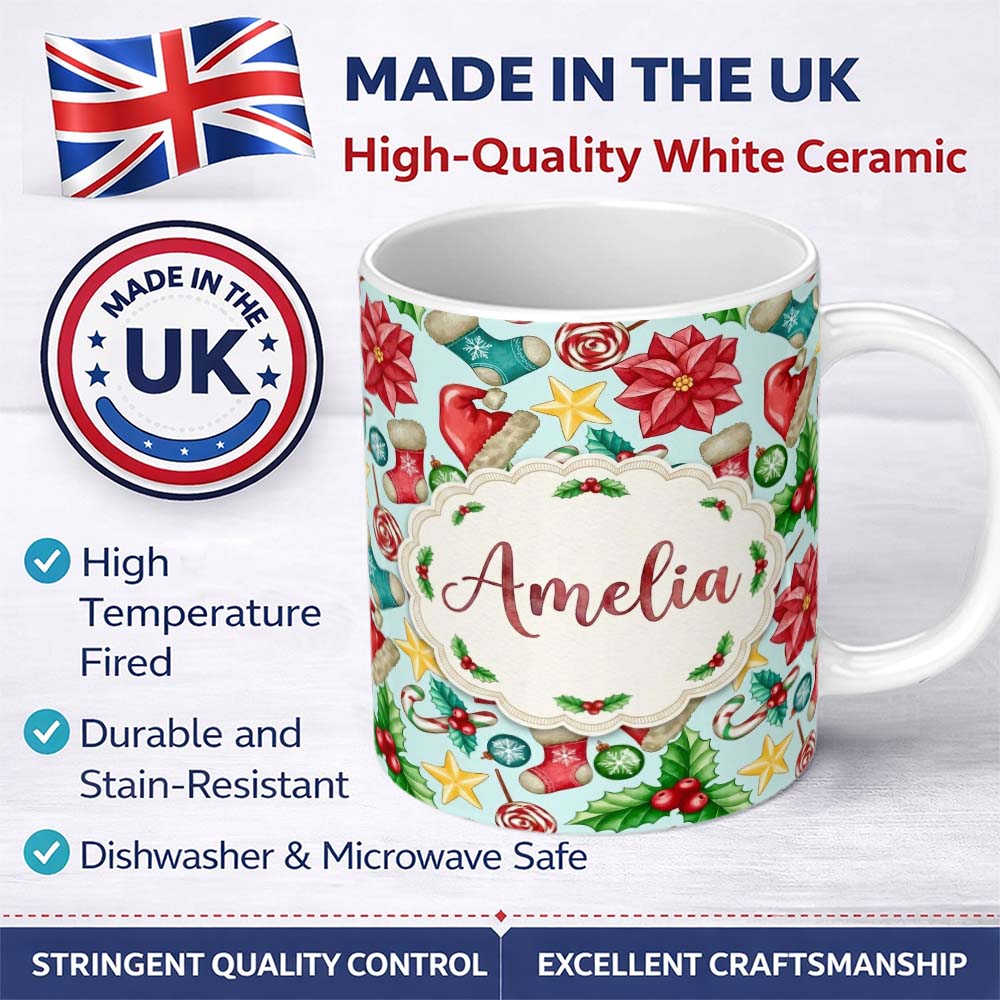 Personalized Custom Name Cute Christmas Poinsettia Holly Candy Cane Festive Seamless Pattern 11oz Ceramic Coffee Tea Mug White Large Handle